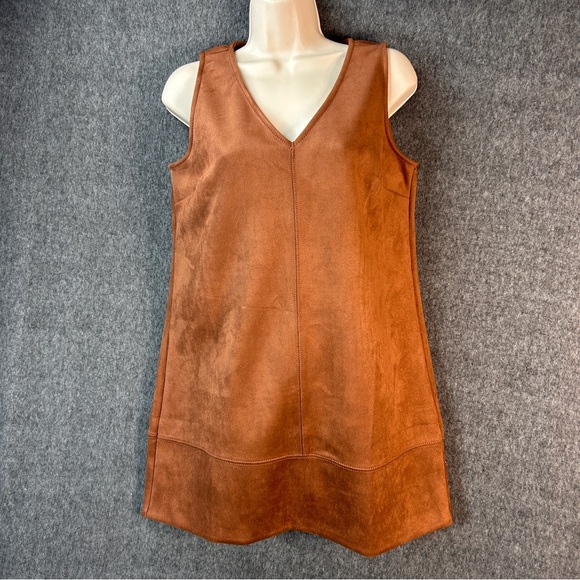 LOFT Dress Womens Petite 6P Brown Faux Suede Sleeveless Shift V-Neck Mini - Picture 14 of 14